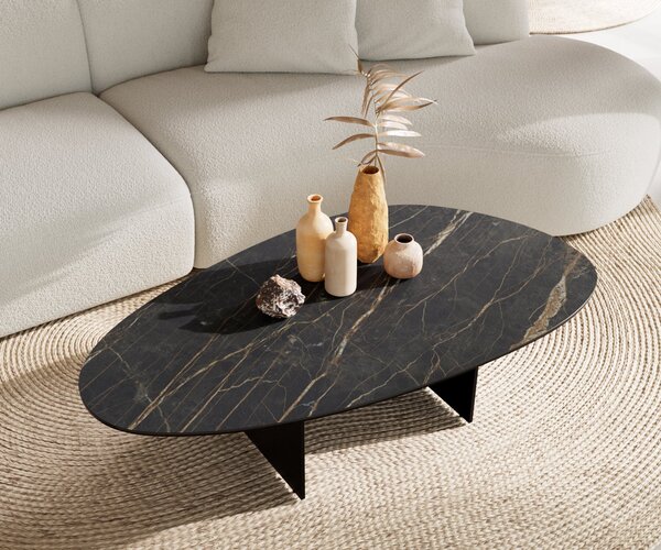 DELIFE Konferenčný stolík Edge oválny 140×75 cm keramika Laminam® Noir Desir hnedá Salto kov čierna