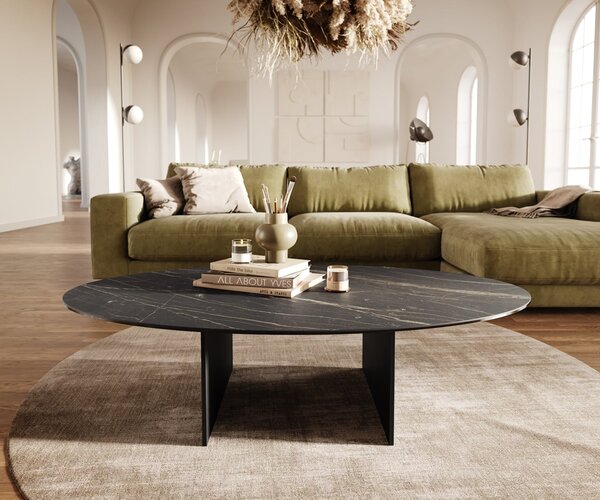 DELIFE Konferenčný stolík Edge oválny 140×80 cm keramika Laminam® Noir Desir hnedá Salto kov čierna