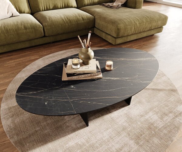 DELIFE Konferenčný stolík Edge oválny 140×80 cm keramika Laminam® Noir Desir hnedá Salto kov čierna