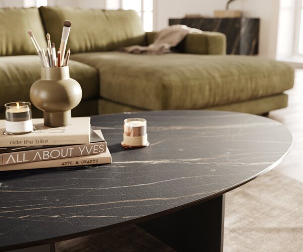 DELIFE Konferenčný stolík Edge oválny 140×80 cm keramika Laminam® Noir Desir hnedá Salto kov čierna