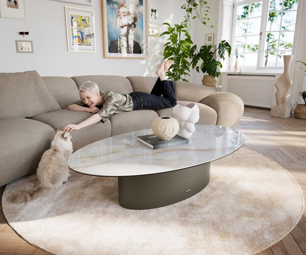 DELIFE Konferenčný stolík Edge oválny 140×80 cm keramika onyx perla Casilda titánová farba efekt