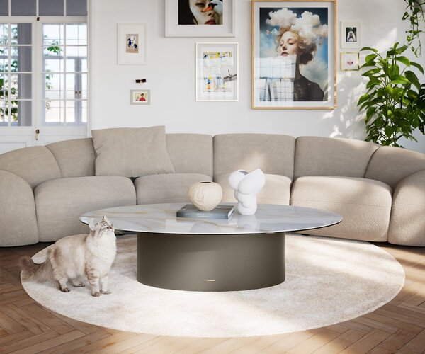 DELIFE Konferenčný stolík Edge oválny 140×80 cm keramika onyx perla Casilda titánová farba efekt