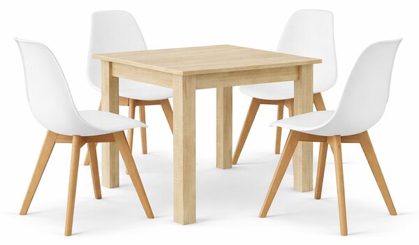 Jedálenská set: NP 80×80 cm sonoma dub + 4 ks stoličiek KITO biela / prírodné nohy