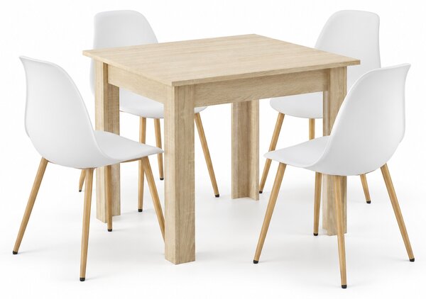 Jedálenský set: Stôl NP 80×80 cm sonoma + 4 ks WAT stoličky, biele/prírodné nohy