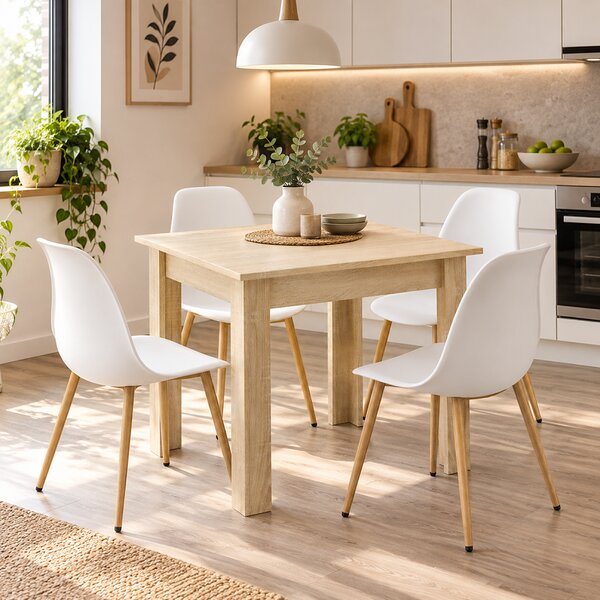 Jedálenský set: Stôl NP 80×80 cm sonoma + 4 ks WAT stoličky, biele/prírodné nohy