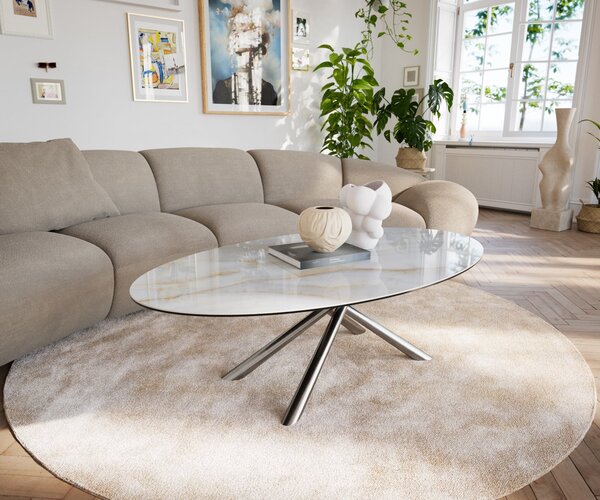 DELIFE Konferenčný stolík Edge oválny 140×80 cm keramika onyx perla Sarity nerezová oceľ kefovaná
