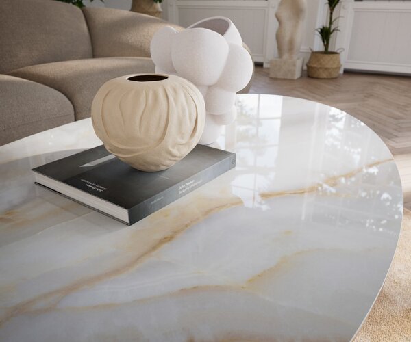 DELIFE Konferenčný stolík Edge oválny 140×80 cm keramika onyx perla Sarity nerezová oceľ kefovaná