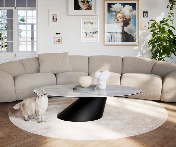 DELIFE Konferenčný stolík Edge oválny 140×80 cm keramika onyx perla Conis kov čierna