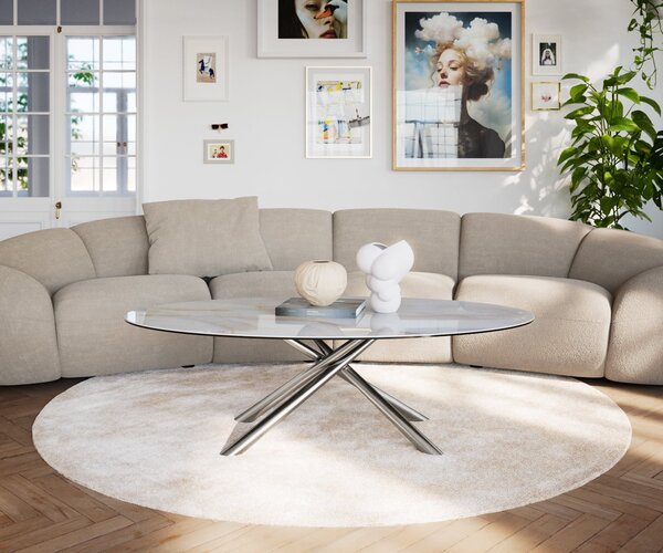 DELIFE Konferenčný stolík Edge oválny 140×80 cm keramika onyx perla Sarity nerezová oceľ kefovaná