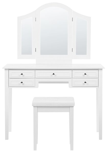 Toaletný stolík biely MDF 95 x 45 x 144 cm 5 zásuviek zrkadlo stolička nábytok do spálne obývacej izby retro dizajn