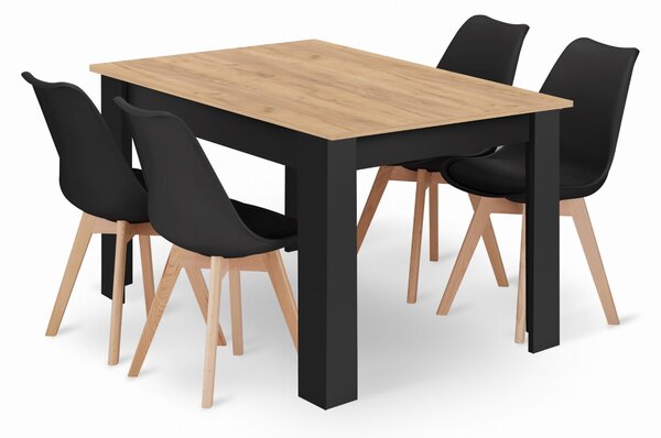 Jedálenský set: NP 120×80 cm artisan/čierna + 4 ks stoličiek OSLO čierna/prírodné nohy