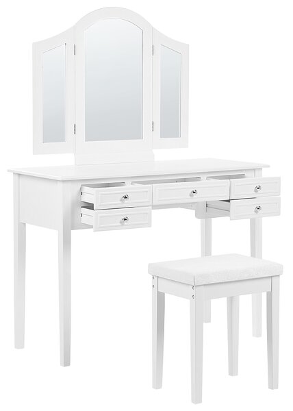 Toaletný stolík biely MDF 95 x 45 x 144 cm 5 zásuviek zrkadlo stolička nábytok do spálne obývacej izby retro dizajn