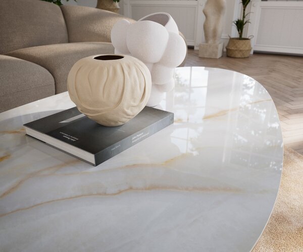 DELIFE Konferenčný stolík Edge oválny 140×75 cm keramika onyx perla Sarity kov čierna