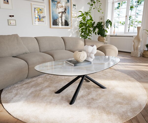 DELIFE Konferenčný stolík Edge oválny 140×75 cm keramika onyx perla Sarity kov čierna