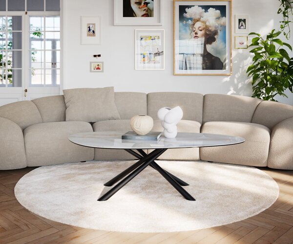 DELIFE Konferenčný stolík Edge oválny 140×75 cm keramika onyx perla Sarity kov čierna