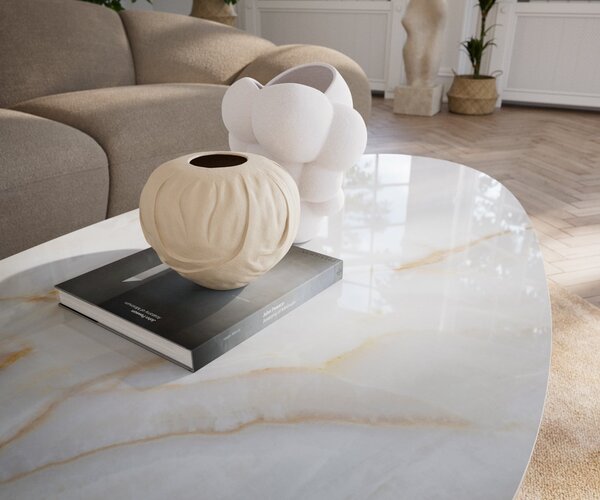DELIFE Konferenčný stolík Edge oválny 140×75 cm keramika onyx perla Vibany kov čierna