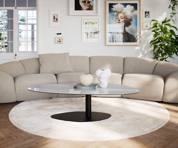 DELIFE Konferenčný stolík Edge oválny 140×75 cm keramika onyx perla Vibany kov čierna