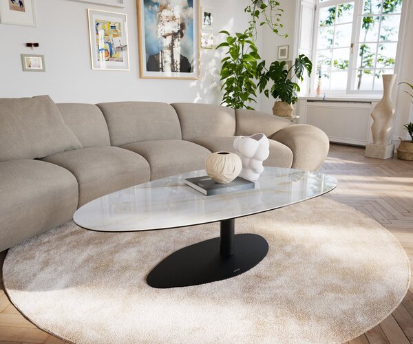 DELIFE Konferenčný stolík Edge oválny 140×75 cm keramika onyx perla Vibany kov čierna