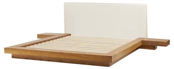 Posteľ v japonskom štýle prírodný jaseň 160 x 200 cm nízky drevený rám postele z MDF koženkové čelo nočné stolíky