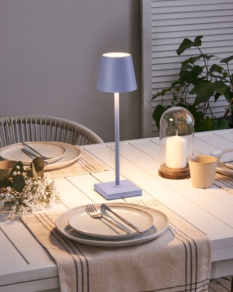 Stolná lampa svetlofialová hliníková s dotykovým vypínačom nabíjanie cez USB kábel bezdrôtová moderný štýl interiér exteriér