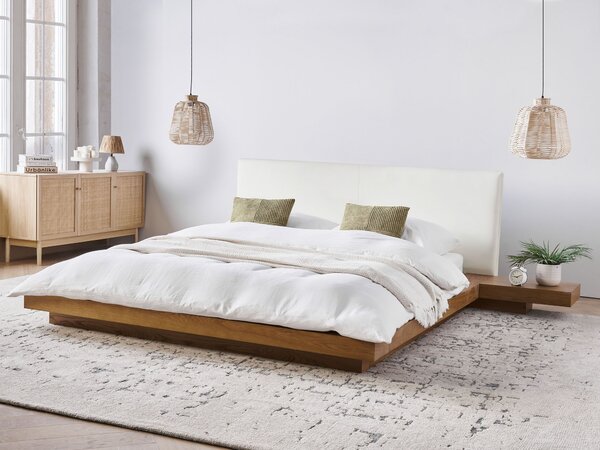 Posteľ v japonskom štýle prírodný jaseň 160 x 200 cm nízky drevený rám postele z MDF koženkové čelo nočné stolíky