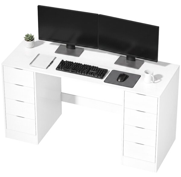 Písací stôl HOMCOM s 8 zásuvkami – moderný kancelársky stôl 140 x 53 x 75 cm, biely