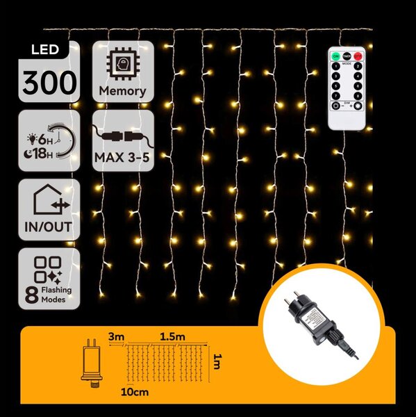 Aigostar - LED vonkajší vianočný reťazec 300xLED/6W/230V/8 funkcií 3x1m IP44 teplá biela+DO
