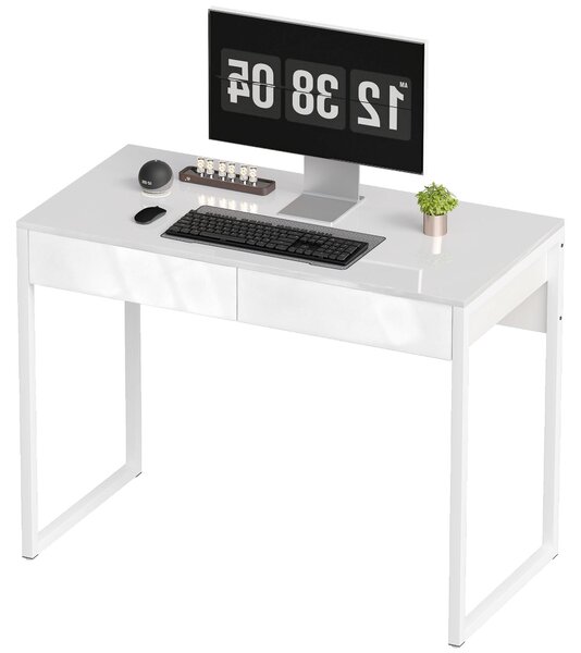 HOMCOM písací stôl, 100 x 50 cm, počítačový stôl, kancelársky stôl s 2 zásuvkami, biela farba