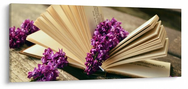 Obraz knihy a fialovej kvetiny (120x50 cm)
