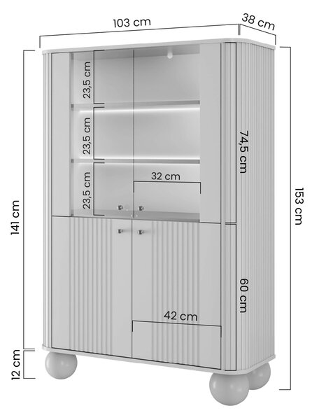 Vitrína Vesper 103 cm štvordverová - kašmír / zlaté úchytky / guľaté nohy