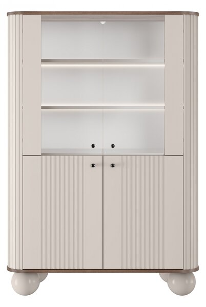 Vitrína Vesper 103 cm štvordverová - kašmír / orech / čierne úchytky / guľaté nohy