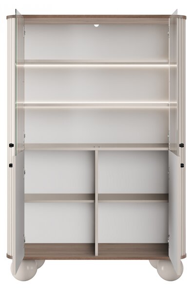Vitrína Vesper 103 cm štvordverová - kašmír / orech / čierne úchytky / guľaté nohy