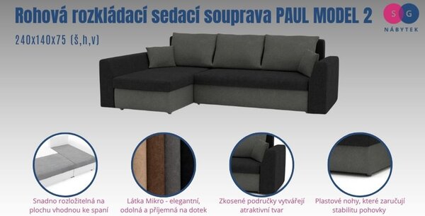 Rohová rozkladacia sedacia súprava PAUL MODEL 2 Čierna/biela Ľavá