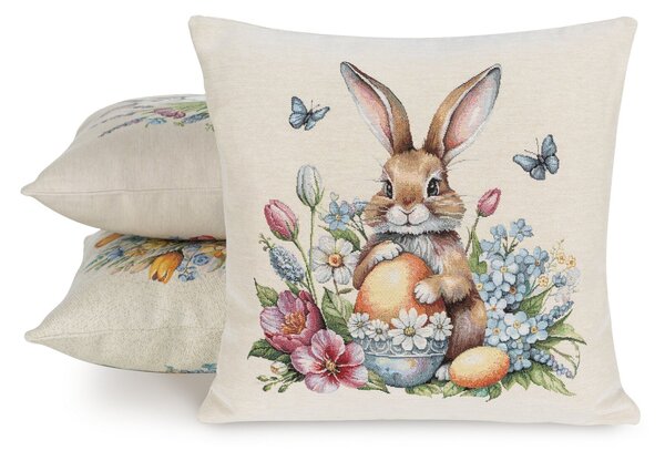 VEĽKONOČNÁ GOBELÍNOVÁ DEKORAČNÁ OBLIEČKA NA VANKÚŠ BUNNY 45X45 CM VZOROVANÁ