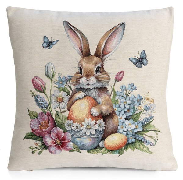 VEĽKONOČNÁ GOBELÍNOVÁ DEKORAČNÁ OBLIEČKA NA VANKÚŠ BUNNY 45X45 CM VZOROVANÁ