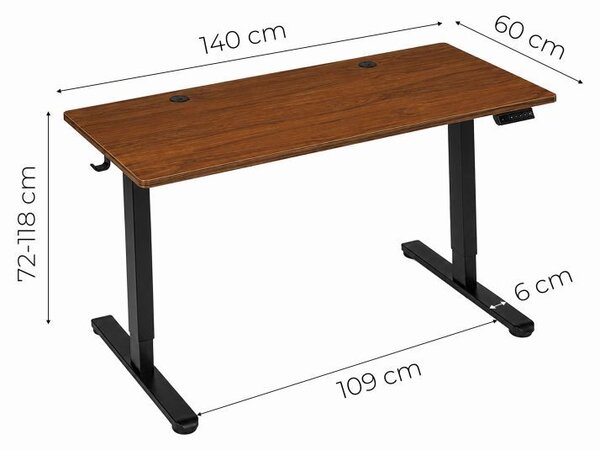 Elektrický písací stôl 140x60 cm, zdvíhateľný, výškovo nastaviteľná 72-118 cm, tmavý dub