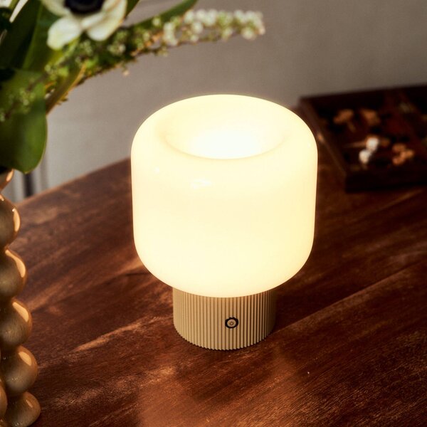Lucande stolová LED lampa Katrin Palme, béžová, sklo, Krémová / jantárovo žltá, Obývacia izba / jedáleň, Sklo, Moderný, Stojacie svietidlo