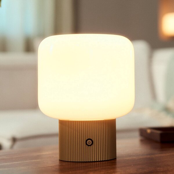 Lucande stolová LED lampa Katrin Palme, béžová, sklo, Krémová / jantárovo žltá, Obývacia izba / jedáleň, Sklo, Moderný, Stojacie svietidlo