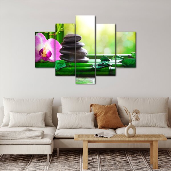 Obraz masážnych kameňov a orchidey na vode (150x105 cm)