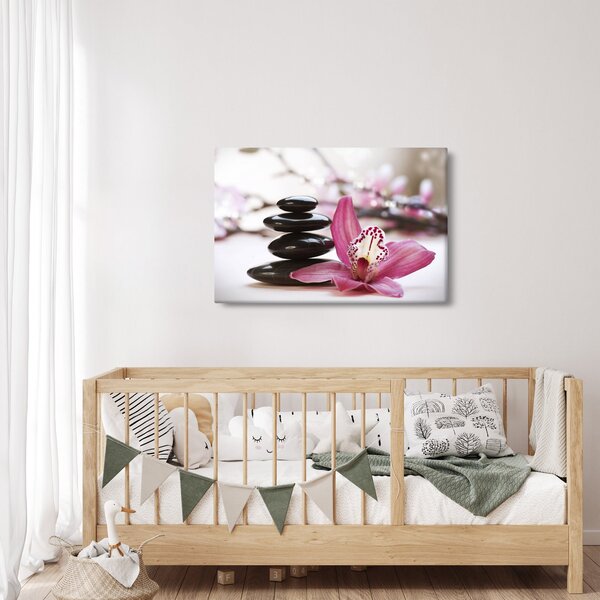 Obraz masážnych kameňov a orchidey na vode (90x60 cm)