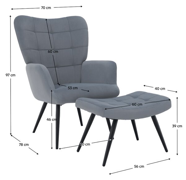KONDELA Kreslo s podnožou, sivá Velvet látka/čierna, HABEN