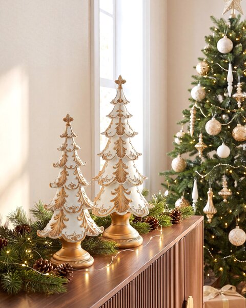 Sada 2 vianočných figúrok zlatá syntetický materiál tvar vianočného stromčeka doplnky Vianoce obývacia izba jedáleň