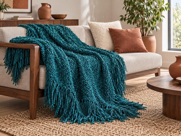 Deka smaragdová zelená polyester 150 x 200 cm obdĺžnikový tvar jednofarebná bez vzoru so strapcami moderný boho štýl obývačka spálňa
