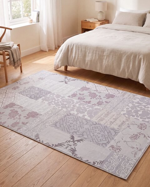 Koberec sivá ružová polyester 160 x 230 cm obdĺžnikový tvar orientálny patchworkový vzor moderný vintage štýl obývačka spálňa