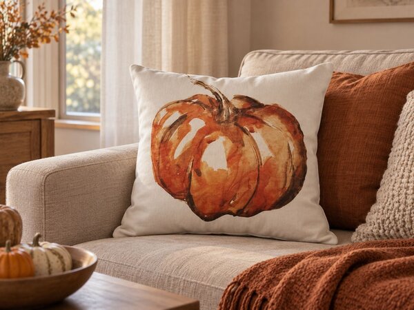 Dekoratívny vankúš béžový zamatový 45 x 45 cm so vzorom tekvice moderný halloweensky motív bytové doplnky