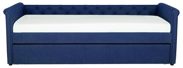 Rozkladacia posteľ námornícka modrá látkové čalúnenie s gombíkmi 80 x 200 cm posteľ pre hostí detská izba
