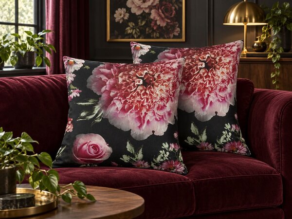 Dekoratívny vankúš s kvetinovým motívom ružovým na čiernom pozadí polyester 45 x 45 cm moderný dizajn