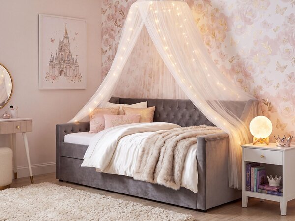Rozkladacia posteľ sivá zamat 90 x 200 cm s roštom prešívané čelo s gombíkmi glamour štýl spálňa