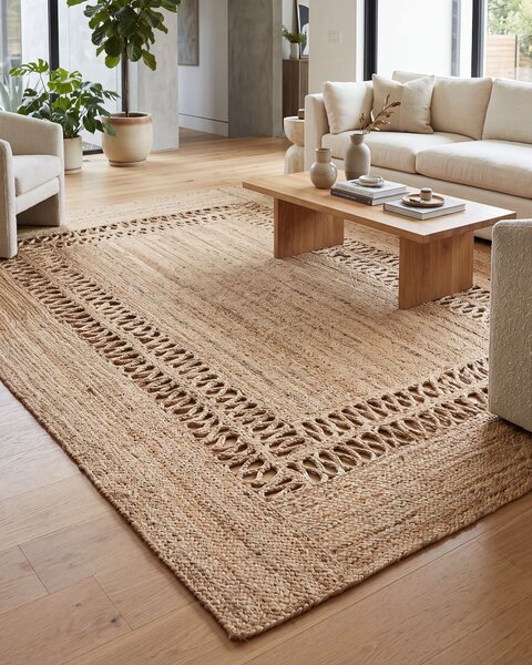 Koberec béžový jutový 200 x 300 cm pletený ručne vyrobený s vyrezávaným vzorom prírodný textil boho štýl