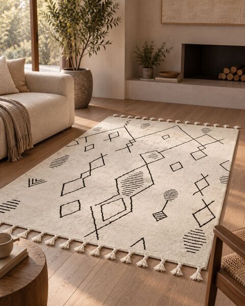 Koberec biela a čierna bavlna 160 x 230 cm geometrický vzor strapce orientálny boho